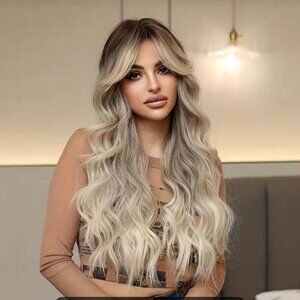 🥑NWT 26" Ombre Blonde Long Wavy Curly Hair Wig %130 Density with Rose Net Cap